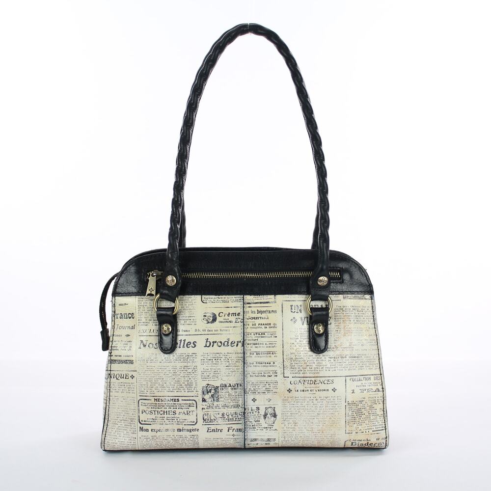 Patricia Nash Calvi Satchel Newspaper Print Leather Shoulder Bag